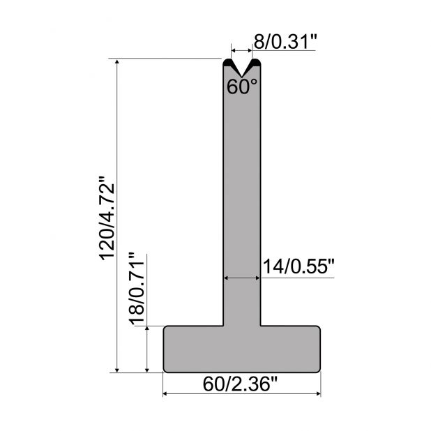 T-Matrijs R1 Eurostyle type met hoogte=120mm, α=60°, Radius=0,8mm, Gereedschapsstaal=C45, Max. capaciteit=60