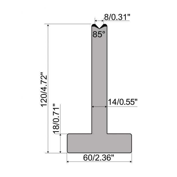 T-Matrijs R1 Eurostyle type met hoogte=120mm, α=85°, Radius=2,75mm, Gereedschapsstaal=C45, Max. capaciteit=1