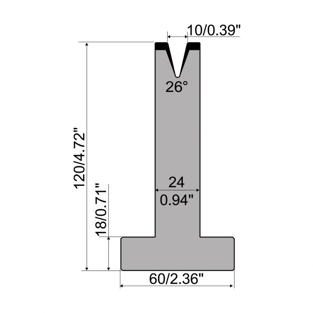 T-Matrijs R1 Eurostyle type met hoogte=120mm, α=26°, Radius=1,2mm, Gereedschapsstaal=C45, Max. capaciteit=20