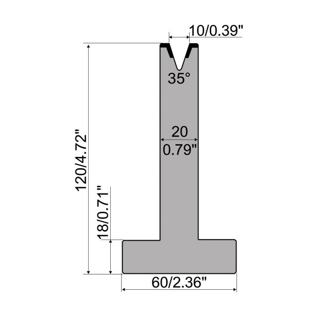 T-Matrijs R1 Eurostyle type met hoogte=120mm, α=35°, Radius=1,2mm, Gereedschapsstaal=C45, Max. capaciteit=40