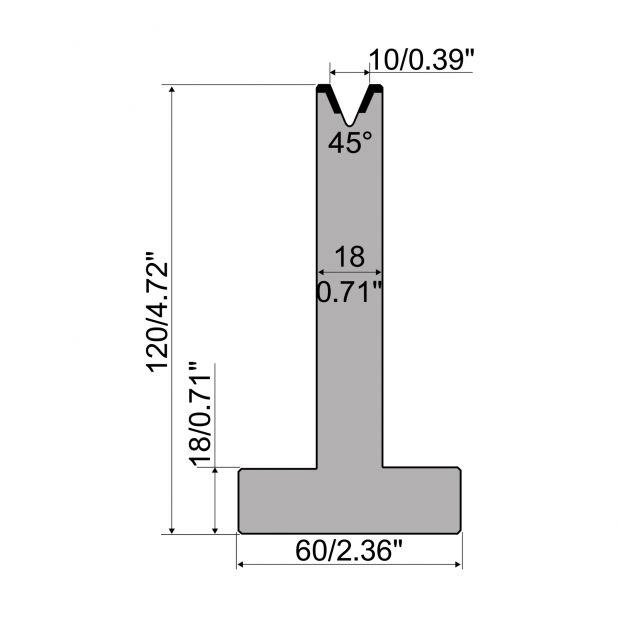 T-Matrijs R1 Eurostyle type met hoogte=120mm, α=45°, Radius=1,2mm, Gereedschapsstaal=C45, Max. capaciteit=50