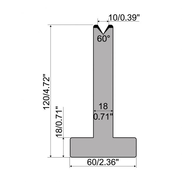 T-Matrijs R1 Eurostyle type met hoogte=120mm, α=60°, Radius=0,8mm, Gereedschapsstaal=C45, Max. capaciteit=60