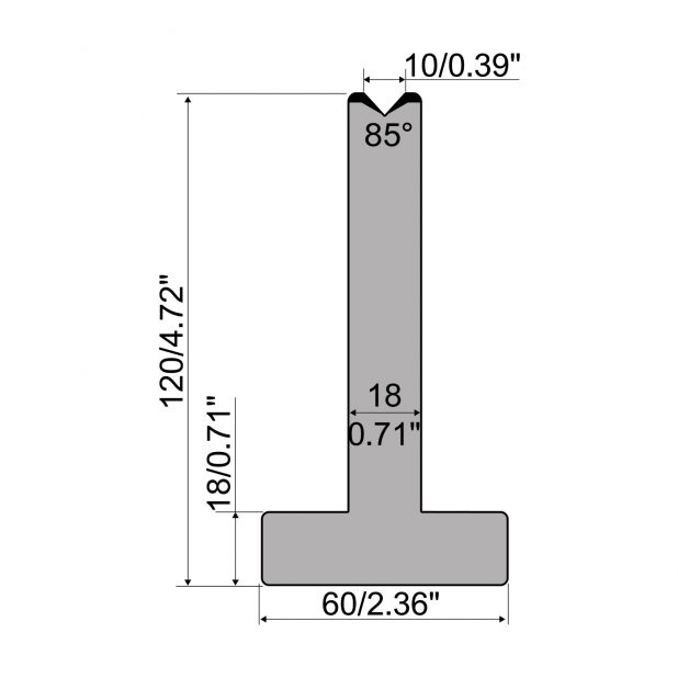 T-Matrijs R1 Eurostyle type met hoogte=120mm, α=85°, Radius=2,75mm, Gereedschapsstaal=C45, Max. capaciteit=1