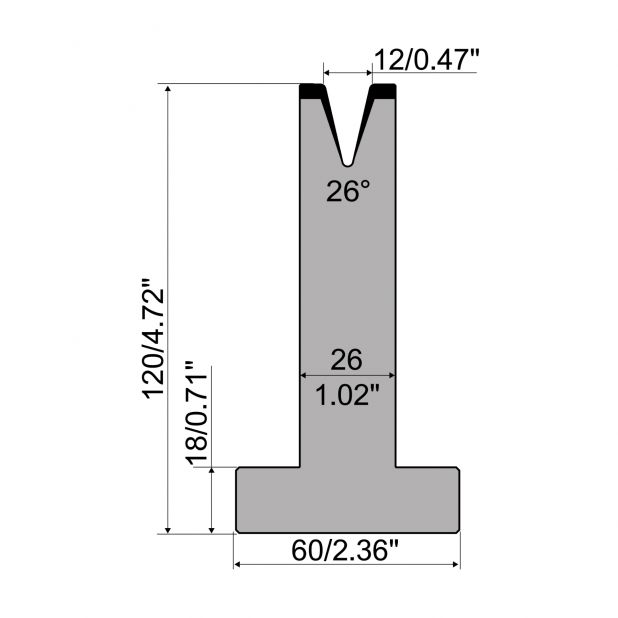 T-Matrijs R1 Eurostyle type met hoogte=120mm, α=26°, Radius=1,6mm, Gereedschapsstaal=C45, Max. capaciteit=20
