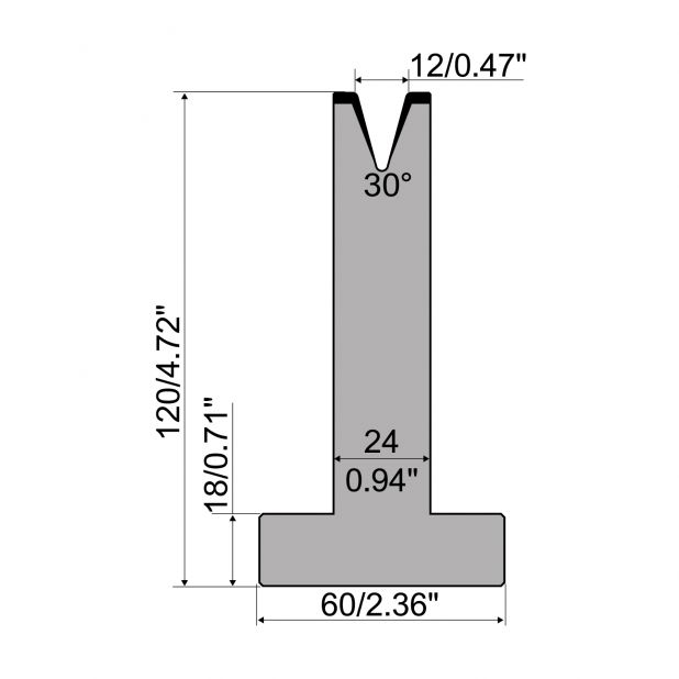 T-Matrijs R1 Eurostyle type met hoogte=120mm, α=30°, Radius=1,5mm, Gereedschapsstaal=C45, Max. capaciteit=40