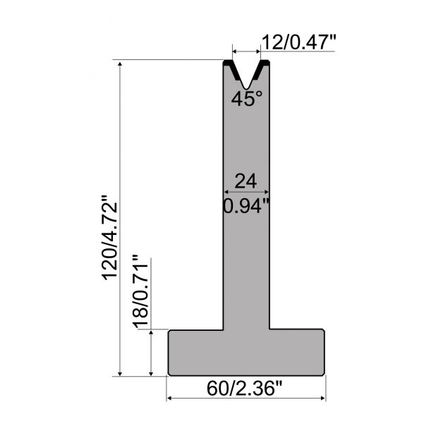 T-Matrijs R1 Eurostyle type met hoogte=120mm, α=45°, Radius=1,6mm, Gereedschapsstaal=C45, Max. capaciteit=50