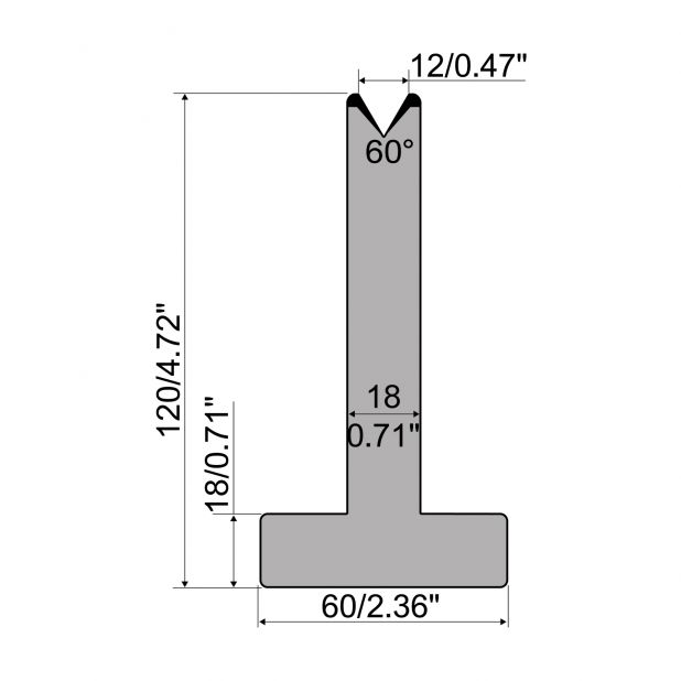 T-Matrijs R1 Eurostyle type met hoogte=120mm, α=60°, Radius=2,75mm, Gereedschapsstaal=C45, Max. capaciteit=6