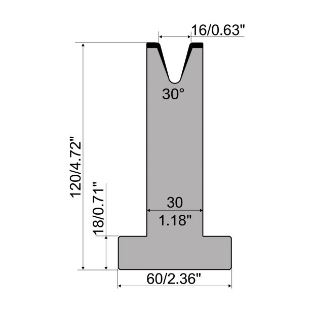 T-Matrijs R1 Eurostyle type met hoogte=120mm, α=30°, Radius=2mm, Gereedschapsstaal=C45, Max. capaciteit=450k