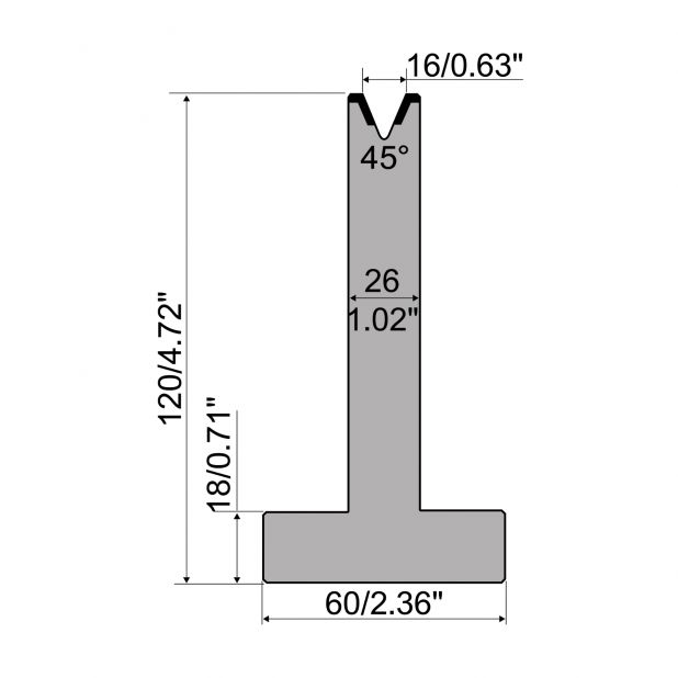 T-Matrijs R1 Eurostyle type met hoogte=120mm, α=45°, Radius=2,75mm, Gereedschapsstaal=C45, Max. capaciteit=5