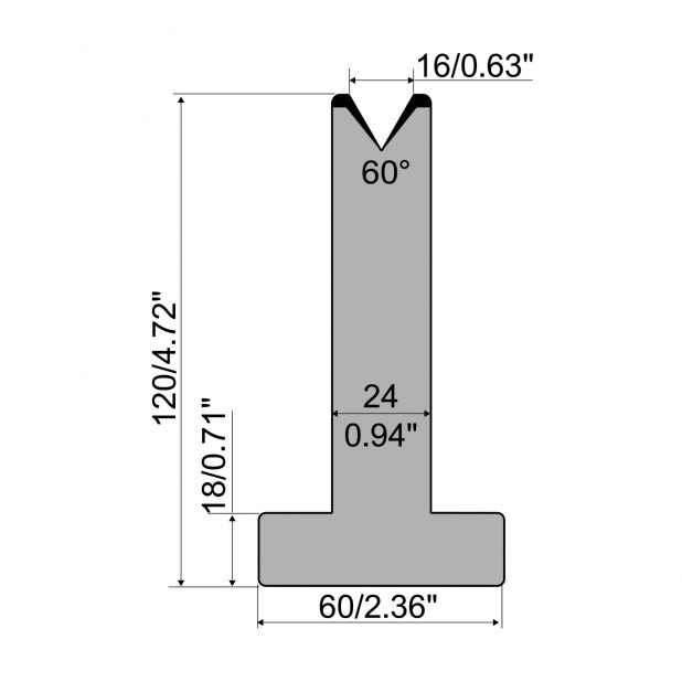 T-Matrijs R1 Eurostyle type met hoogte=120mm, α=60°, Radius=2,75mm, Gereedschapsstaal=C45, Max. capaciteit=6