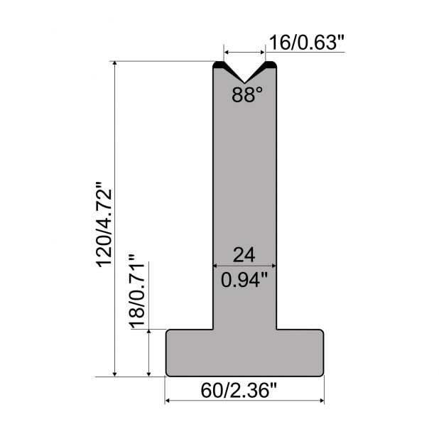 T-Matrijs R1 Eurostyle type met hoogte=120mm, α=88°, Radius=2,75mm, Gereedschapsstaal=C45, Max. capaciteit=1