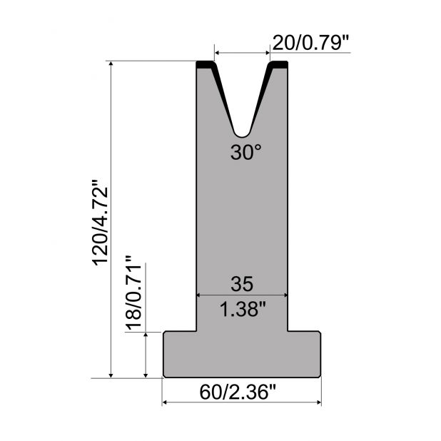 T-Matrijs R1 Eurostyle type met hoogte=120mm, α=30°, Radius=2,5mm, Gereedschapsstaal=C45, Max. capaciteit=50