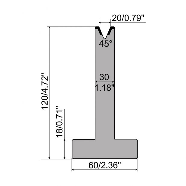 T-Matrijs R1 Eurostyle type met hoogte=120mm, α=45°, Radius=3mm, Gereedschapsstaal=C45, Max. capaciteit=500k