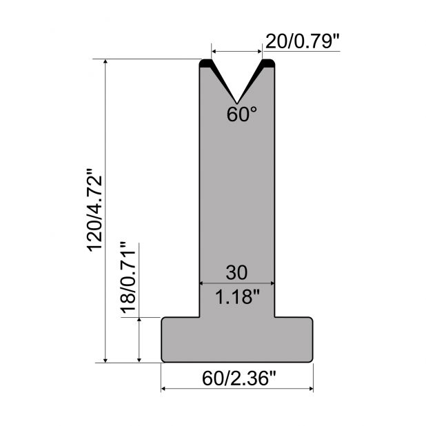 T-Matrijs R1 Eurostyle type met hoogte=120mm, α=60°, Radius=3mm, Gereedschapsstaal=C45, Max. capaciteit=600k