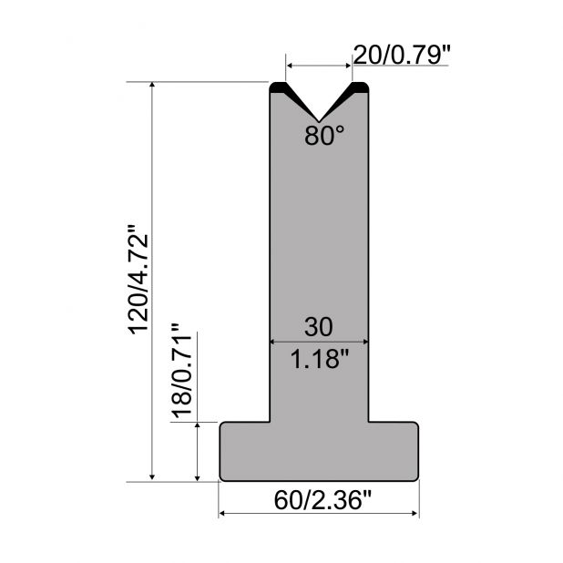 T-Matrijs R1 Eurostyle type met hoogte=120mm, α=80°, Radius=3mm, Gereedschapsstaal=C45, Max. capaciteit=950k