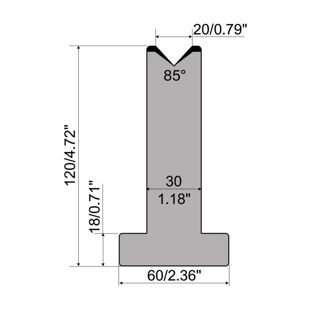 T-Matrijs R1 Eurostyle type met hoogte=120mm, α=85°, Radius=3mm, Gereedschapsstaal=C45, Max. capaciteit=1000