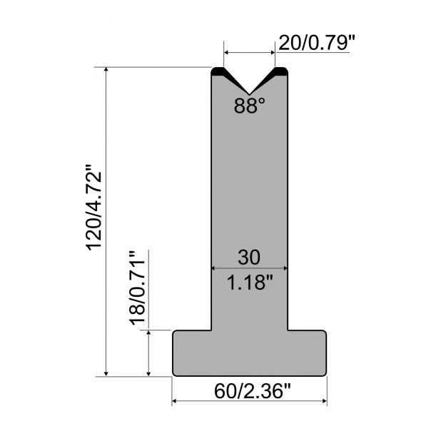 T-Matrijs R1 Eurostyle type met hoogte=120mm, α=88°, Radius=3mm, Gereedschapsstaal=C45, Max. capaciteit=1000