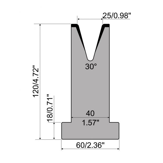 T-Matrijs R1 Eurostyle type met hoogte=120mm, α=30°, Radius=3mm, Gereedschapsstaal=C45, Max. capaciteit=500k