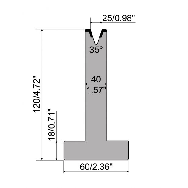 T-Matrijs R1 Eurostyle type met hoogte=120mm, α=35°, Radius=3mm, Gereedschapsstaal=C45, Max. capaciteit=500k
