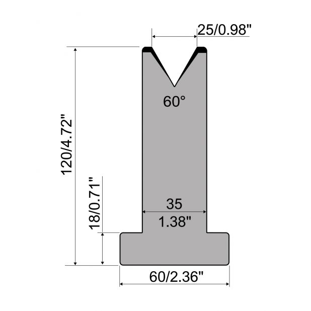 T-Matrijs R1 Eurostyle type met hoogte=120mm, α=60°, Radius=3mm, Gereedschapsstaal=C45, Max. capaciteit=600k