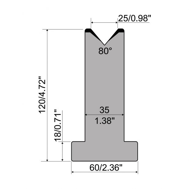 T-Matrijs R1 Eurostyle type met hoogte=120mm, α=80°, Radius=3mm, Gereedschapsstaal=C45, Max. capaciteit=950k
