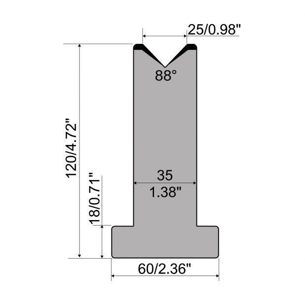 T-Matrijs R1 Eurostyle type met hoogte=120mm, α=88°, Radius=3mm, Gereedschapsstaal=C45, Max. capaciteit=1000