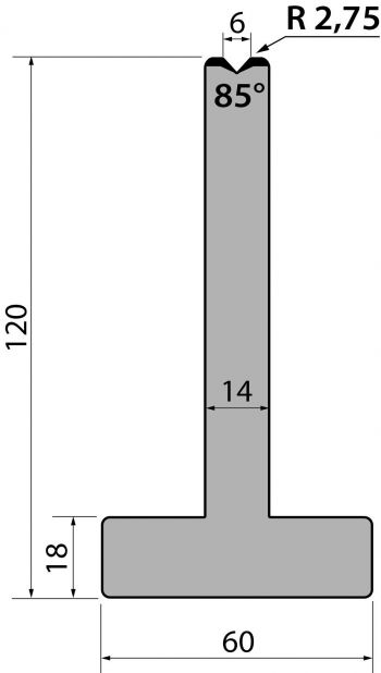 T-Matrijs R1 Eurostyle type met hoogte=120mm, α=85°, Radius=2,75mm, Gereedschapsstaal=C45, Max. capaciteit=1