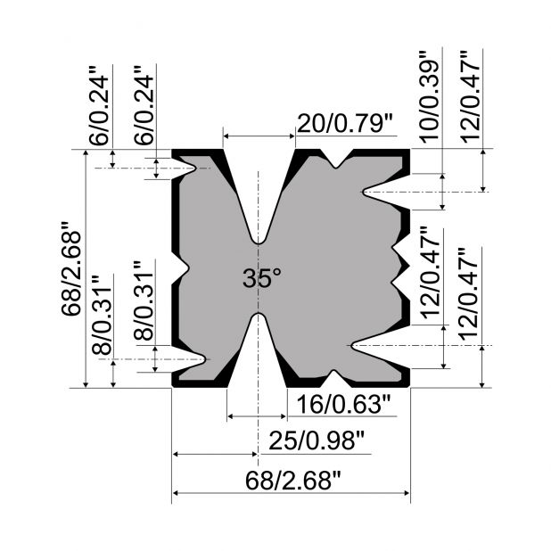 Multi-V-matrijs R1 Eurostyle type met hoogte=68mm, α=35°, Gereedschapsstaal=42Cr, Max. capaciteit=300-500kN/