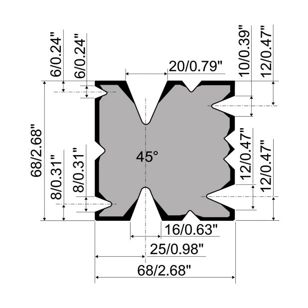 Multi-V-matrijs R1 Eurostyle type met hoogte=68mm, α=45°, Gereedschapsstaal=42Cr, Max. capaciteit=400-700kN/