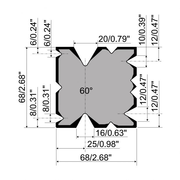 Multi-V-matrijs R1 Eurostyle type met hoogte=68mm, α=60°, Gereedschapsstaal=42Cr, Max. capaciteit=600-800kN/