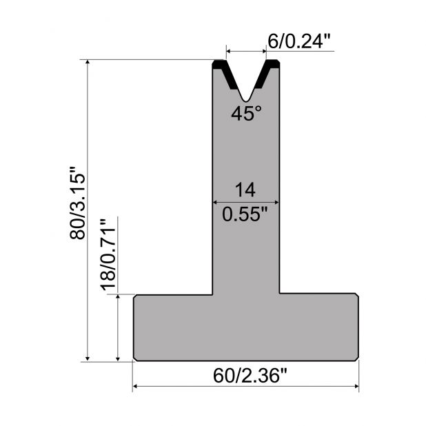 T-Matrijs R1 Eurostyle type met hoogte=80mm, α=45°, Radius=0,8mm, Gereedschapsstaal=C45, Max. capaciteit=500