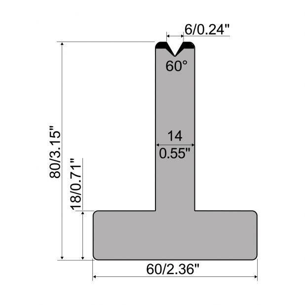 T-Matrijs R1 Eurostyle type met hoogte=80mm, α=60°, Radius=0,5mm, Gereedschapsstaal=C45, Max. capaciteit=600