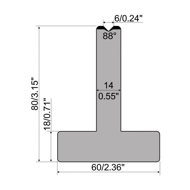 T-Matrijs R1 Eurostyle type met hoogte=80mm, α=88°, Radius=0,4mm, Gereedschapsstaal=C45, Max. capaciteit=100