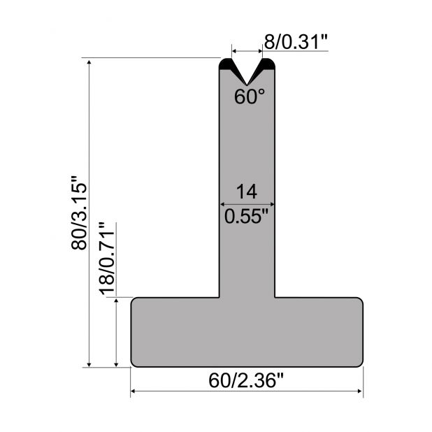 T-Matrijs R1 Eurostyle type met hoogte=80mm, α=60°, Radius=1,5mm, Gereedschapsstaal=C45, Max. capaciteit=600