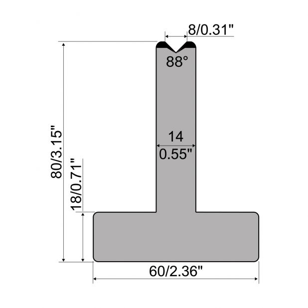 T-Matrijs R1 Eurostyle type met hoogte=80mm, α=88°, Radius=0,5mm, Gereedschapsstaal=C45, Max. capaciteit=100