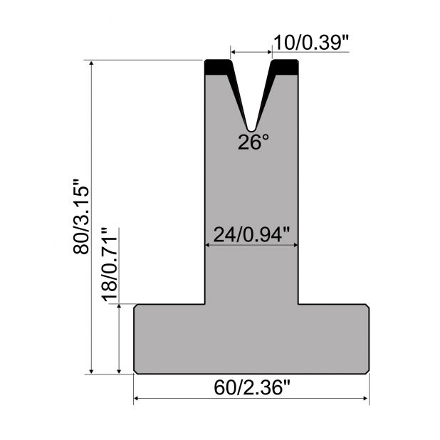 T-Matrijs R1 Eurostyle type met hoogte=80mm, α=26°, Radius=1,2mm, Gereedschapsstaal=C45, Max. capaciteit=200