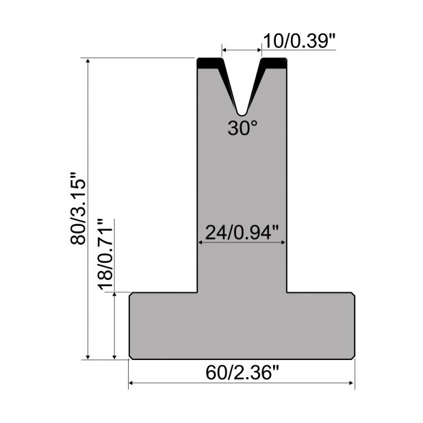 T-Matrijs R1 Eurostyle type met hoogte=80mm, α=30°, Radius=1mm, Gereedschapsstaal=C45, Max. capaciteit=500kN