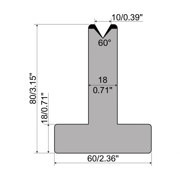 T-Matrijs R1 Eurostyle type met hoogte=80mm, α=60°, Radius=0,8mm, Gereedschapsstaal=C45, Max. capaciteit=600