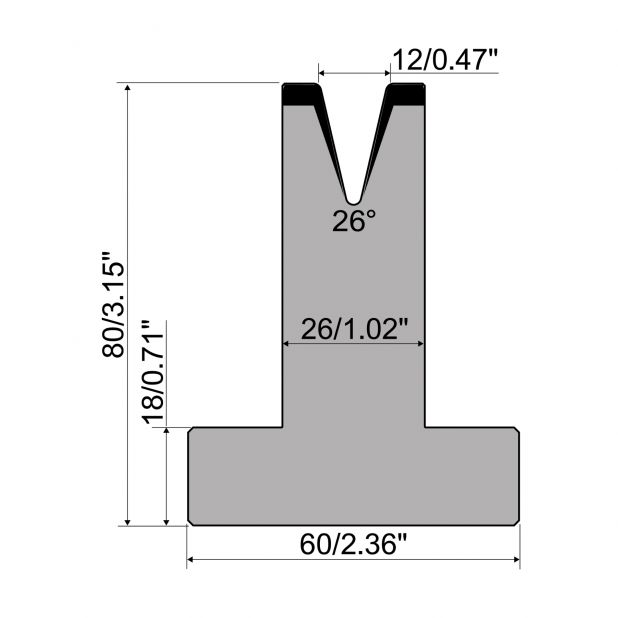 T-Matrijs R1 Eurostyle type met hoogte=80mm, α=26°, Radius=1,6mm, Gereedschapsstaal=C45, Max. capaciteit=200