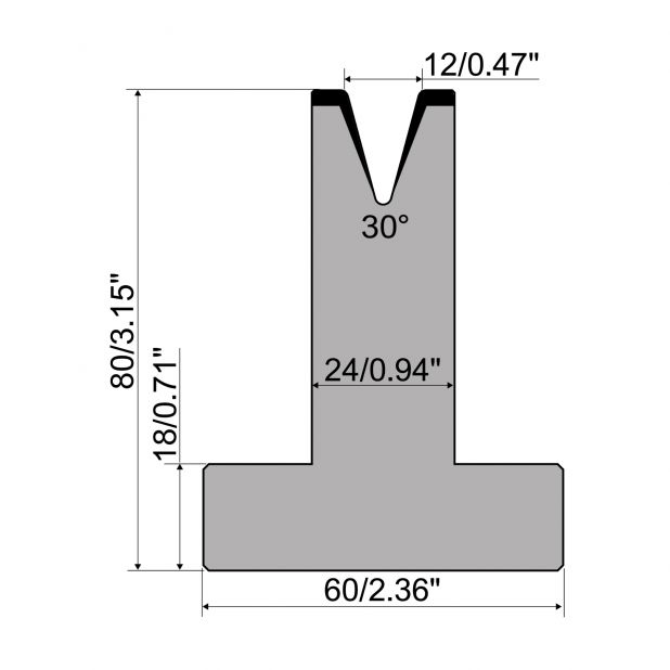 T-Matrijs R1 Eurostyle type met hoogte=80mm, α=30°, Radius=1,5mm, Gereedschapsstaal=C45, Max. capaciteit=400