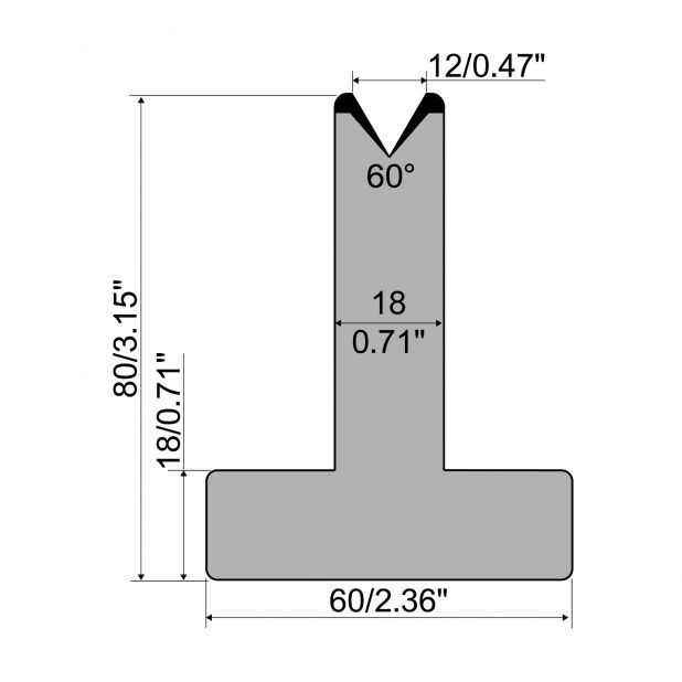 T-Matrijs R1 Eurostyle type met hoogte=80mm, α=60°, Radius=0,8mm, Gereedschapsstaal=C45, Max. capaciteit=600