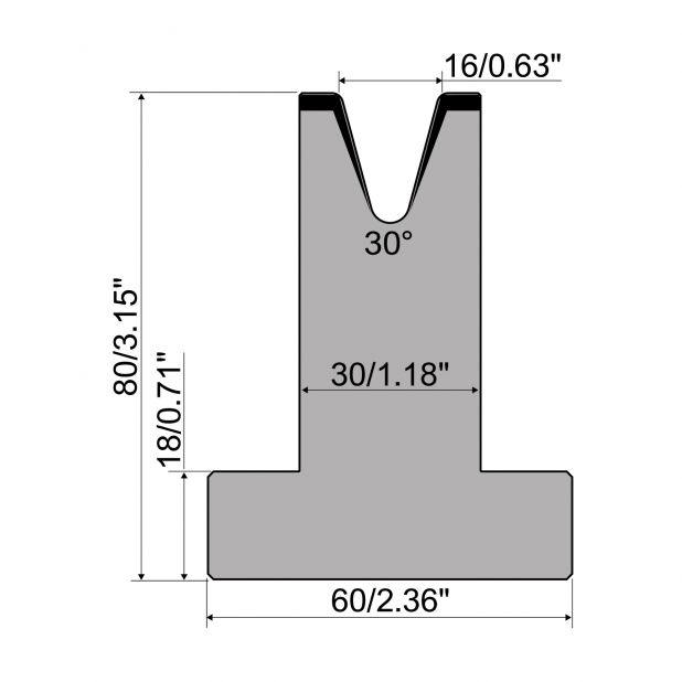 T-Matrijs R1 Eurostyle type met hoogte=80mm, α=30°, Radius=2mm, Gereedschapsstaal=C45, Max. capaciteit=450kN