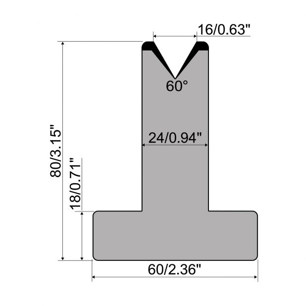 T-Matrijs R1 Eurostyle type met hoogte=80mm, α=60°, Radius=2,75mm, Gereedschapsstaal=C45, Max. capaciteit=60