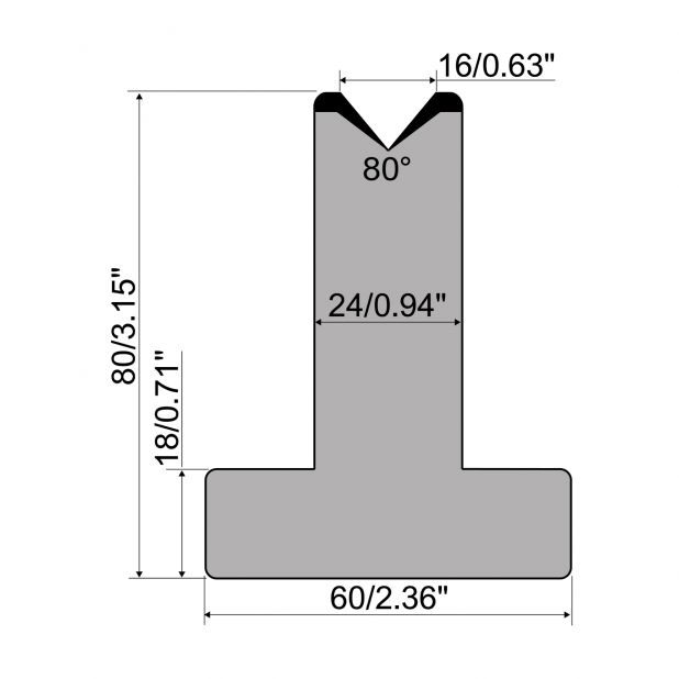 T-Matrijs R1 Eurostyle type met hoogte=80mm, α=80°, Radius=2,75mm, Gereedschapsstaal=C45, Max. capaciteit=95