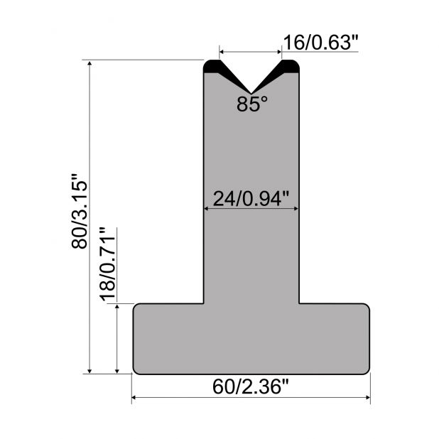 T-Matrijs R1 Eurostyle type met hoogte=80mm, α=85°, Radius=2,75mm, Gereedschapsstaal=C45, Max. capaciteit=10