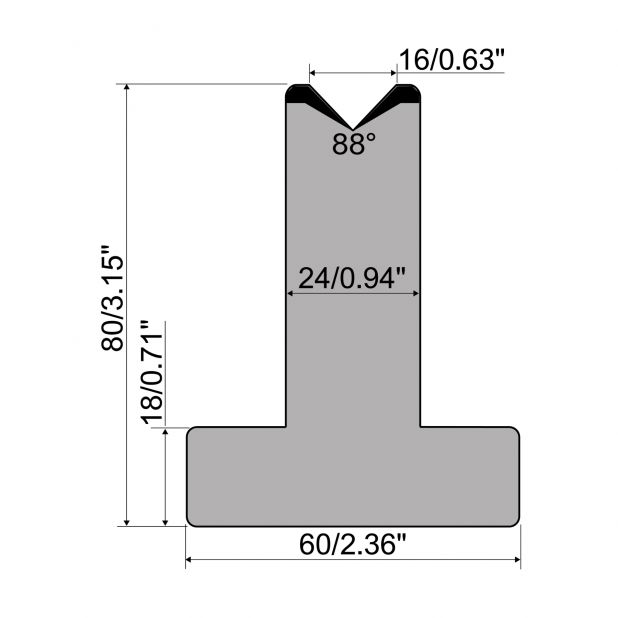 T-Matrijs R1 Eurostyle type met hoogte=80mm, α=88°, Radius=2,75mm, Gereedschapsstaal=C45, Max. capaciteit=10