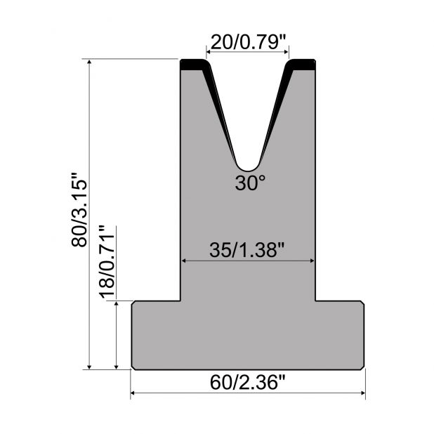 T-Matrijs R1 Eurostyle type met hoogte=80mm, α=30°, Radius=2,5mm, Gereedschapsstaal=C45, Max. capaciteit=500