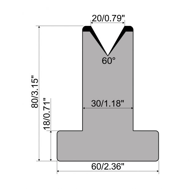 T-Matrijs R1 Eurostyle type met hoogte=80mm, α=60°, Radius=3mm, Gereedschapsstaal=C45, Max. capaciteit=600kN