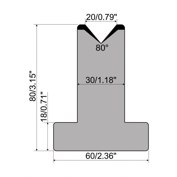 T-Matrijs R1 Eurostyle type met hoogte=80mm, α=80°, Radius=3mm, Gereedschapsstaal=C45, Max. capaciteit=950kN
