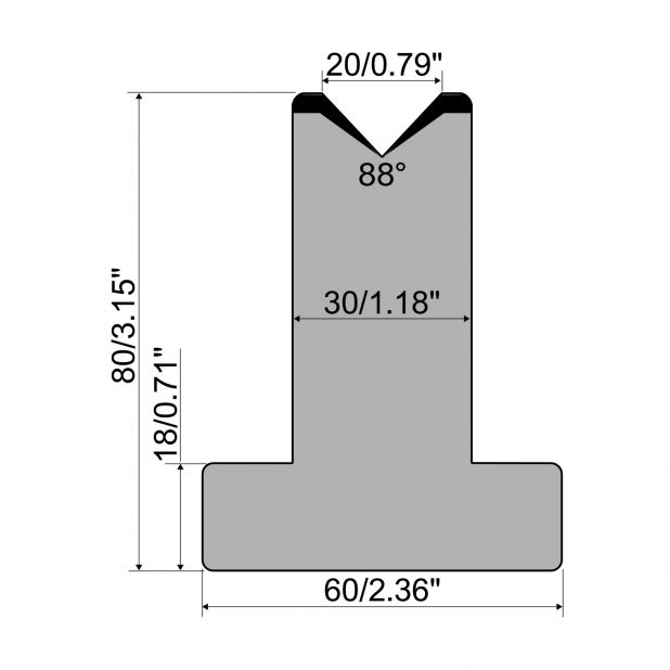 T-Matrijs R1 Eurostyle type met hoogte=80mm, α=88°, Radius=3mm, Gereedschapsstaal=C45, Max. capaciteit=1000k